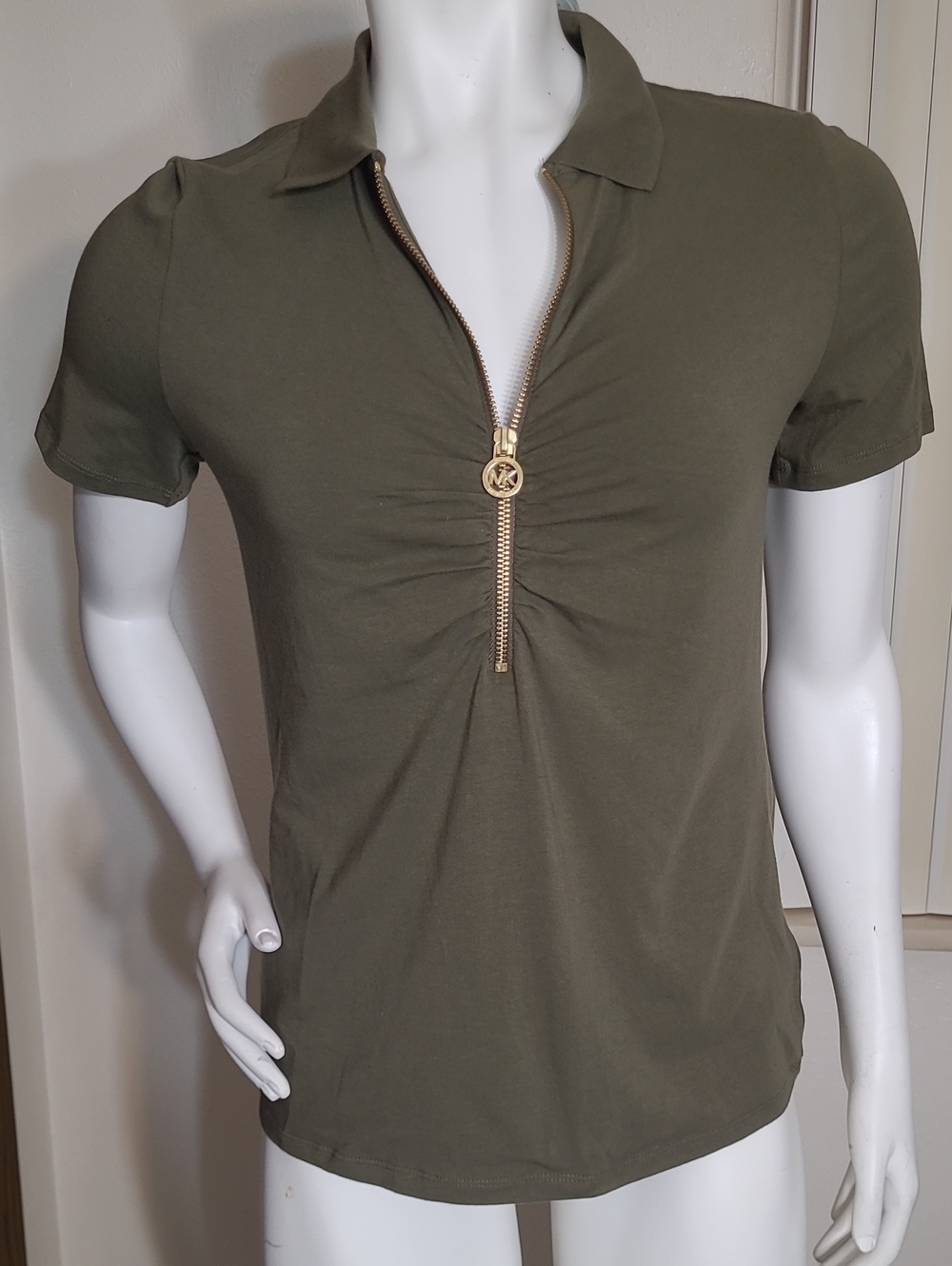 Michael Kors Olive Short Sleeve Zip Collar Tee